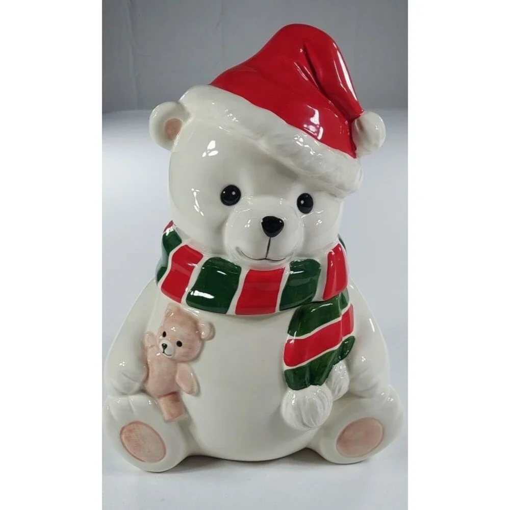 Vintage 1991 Homco Polar Bear Cookie Jar Christmas Ceramic Canister Teddy Bear